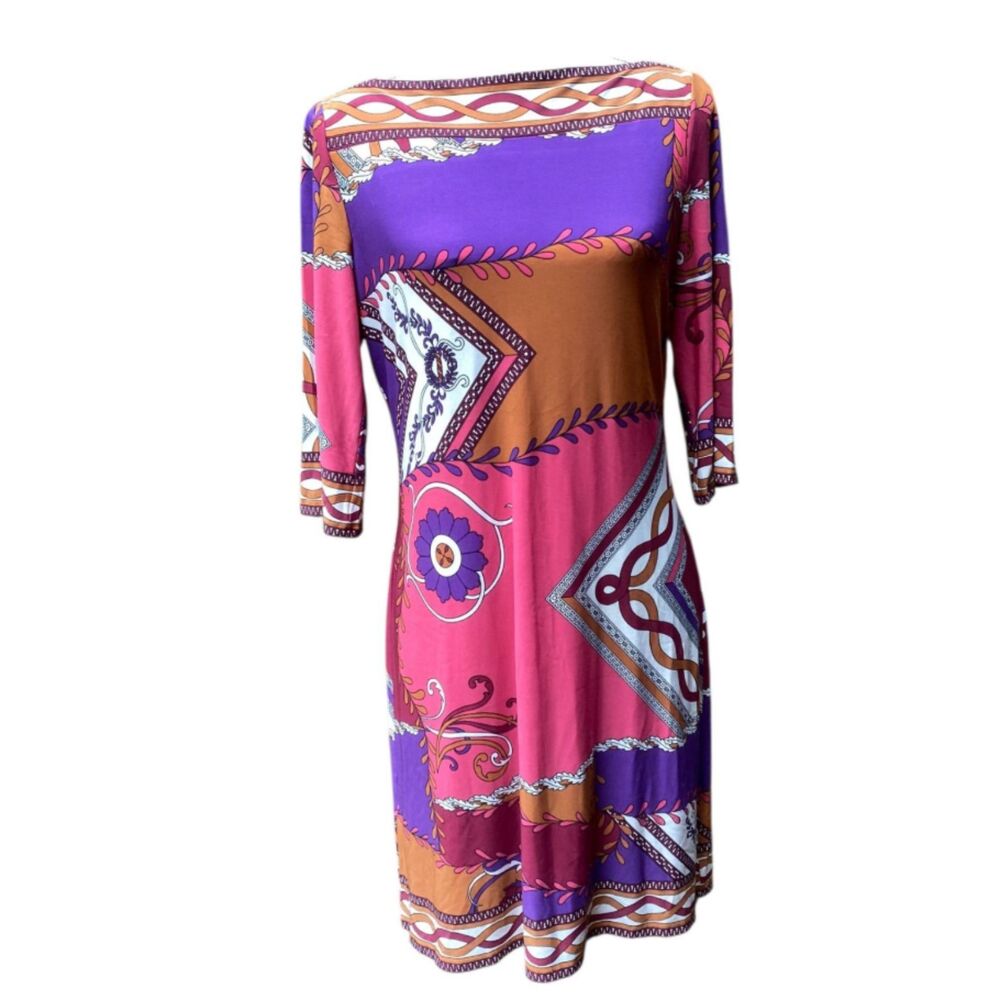 Donna Morgan Sheath Dress Sz 10 Red Pink Purple Midi 3/4 Sleeve Stretch Comfort